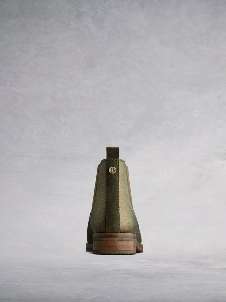 The back features a narrow contrasting khaki suede panel and pull-tab.