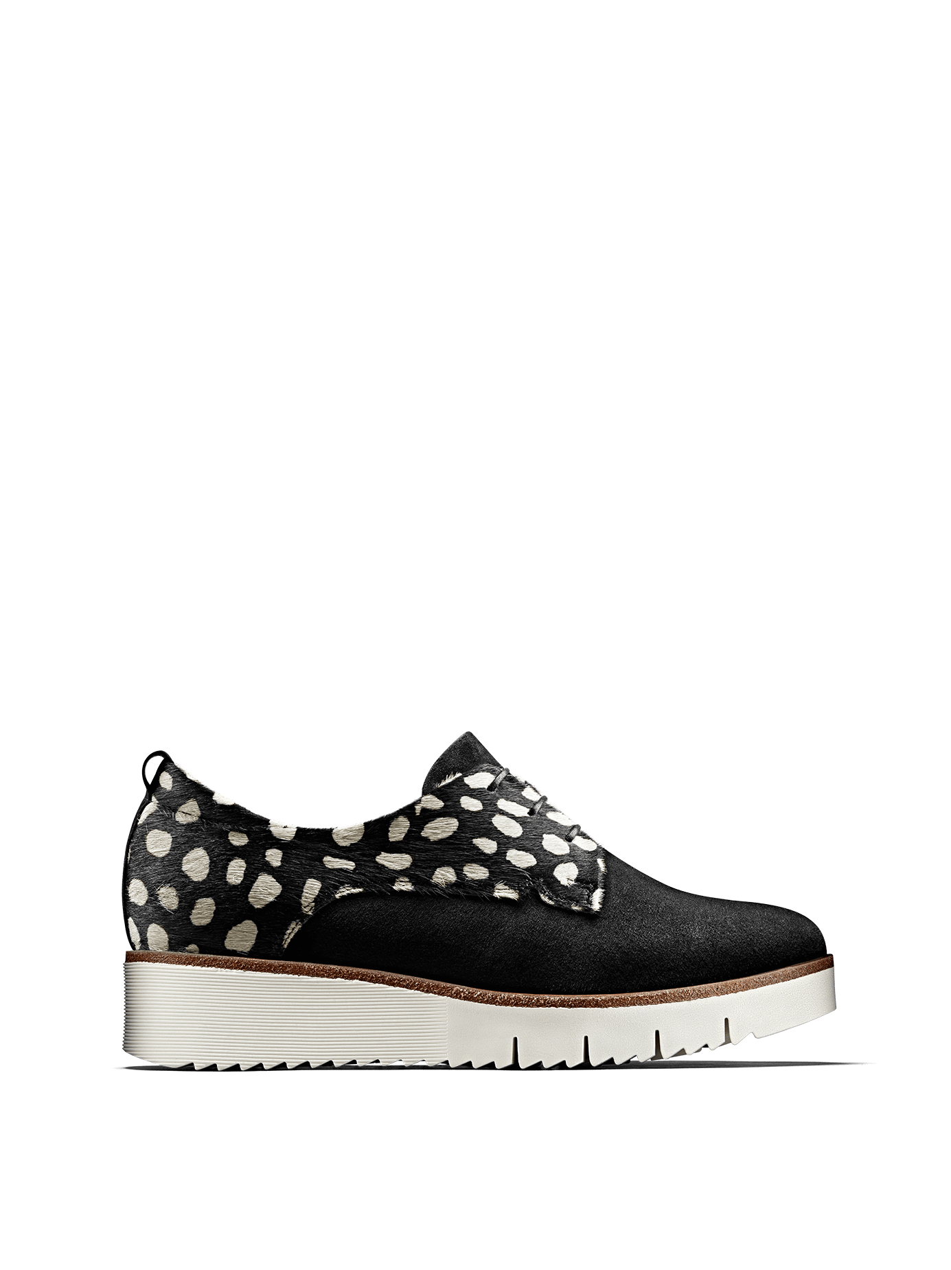 Hayle in monochrome hair leather has a derby silhouette, chunky sole and lace up design.