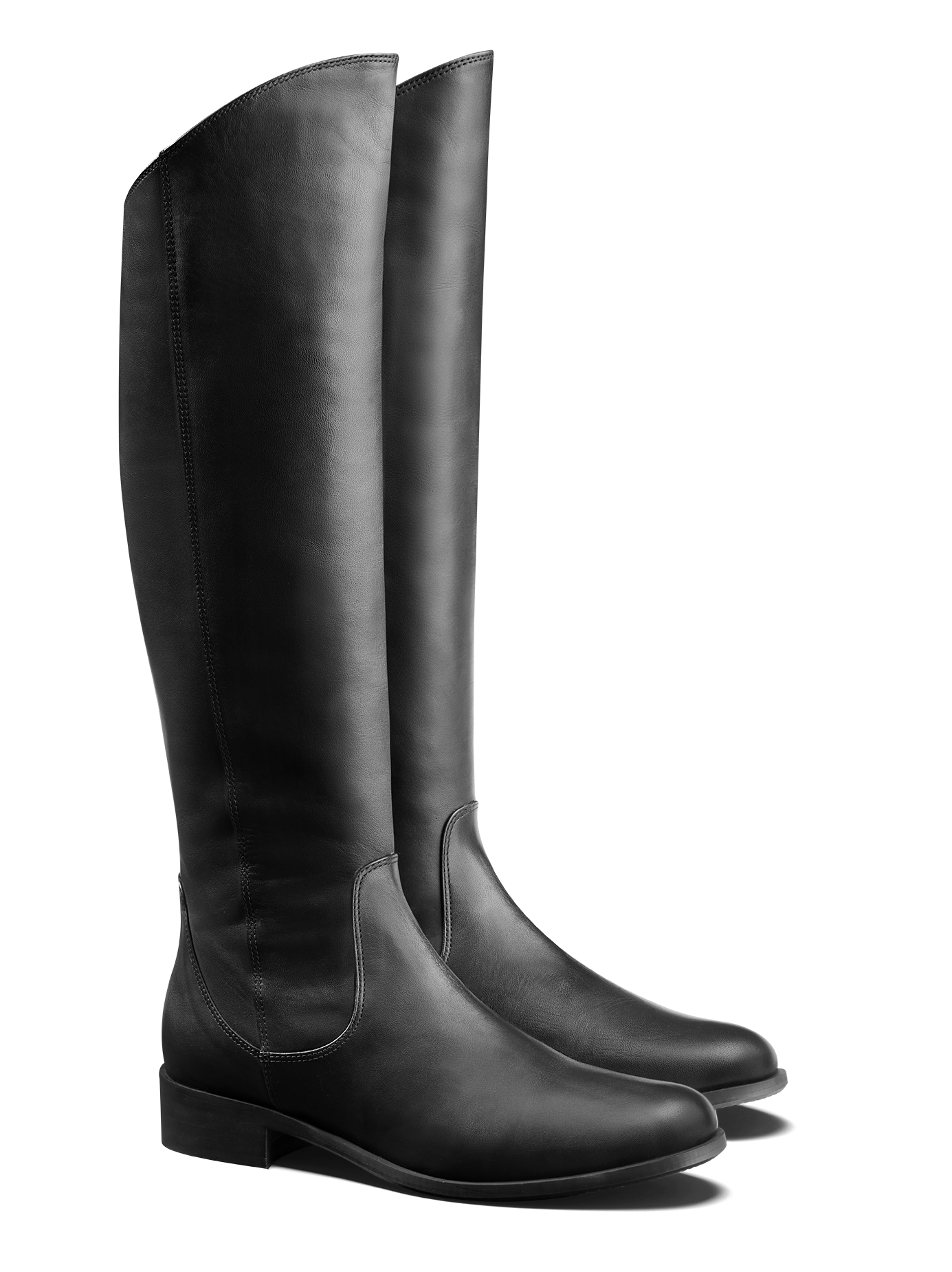 Huntsman, a knee high, fashion riding boot in black leather with an asymmetric top line.