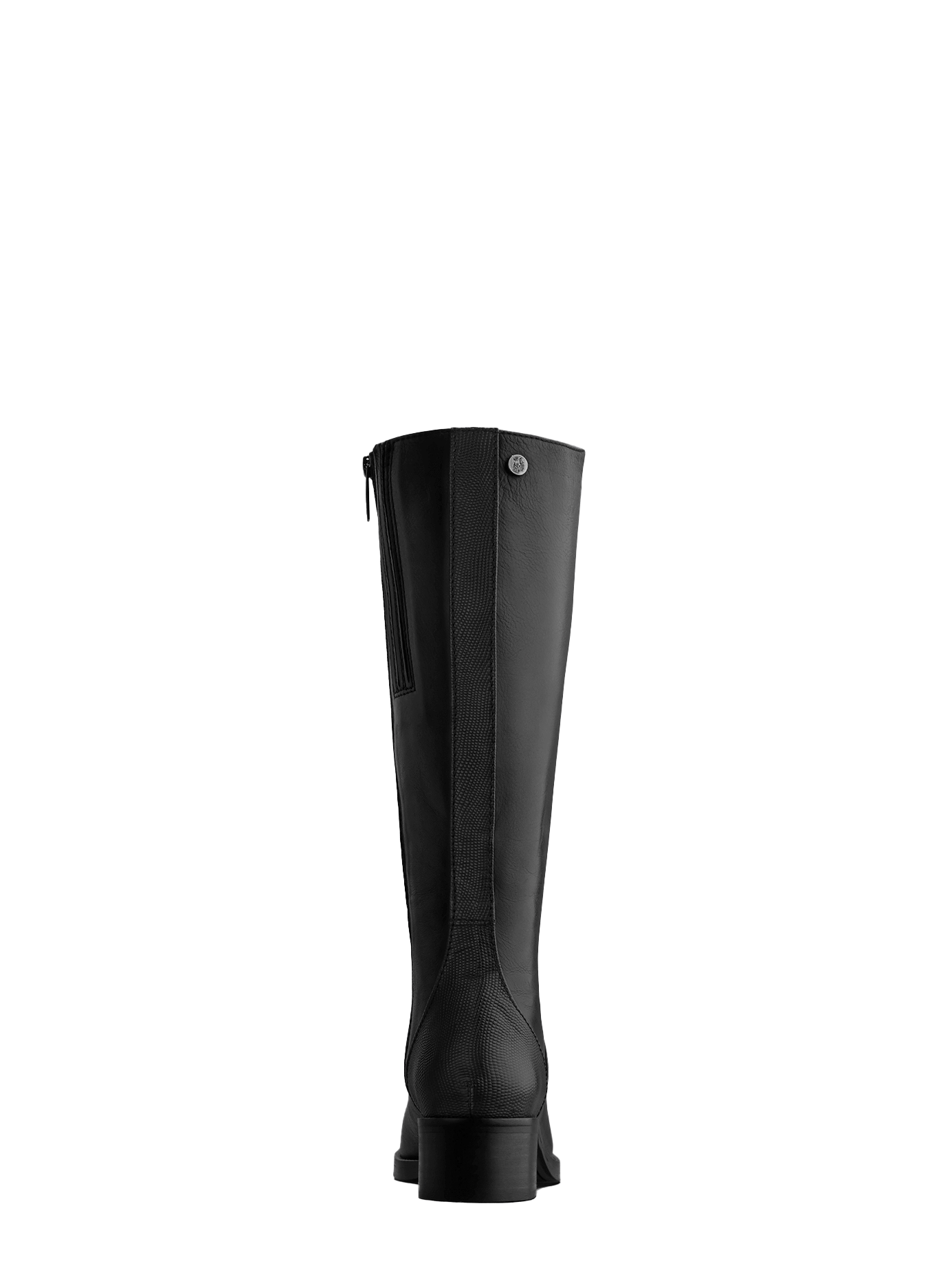 This black boot features a textured back panel and a shorter knee high cut.