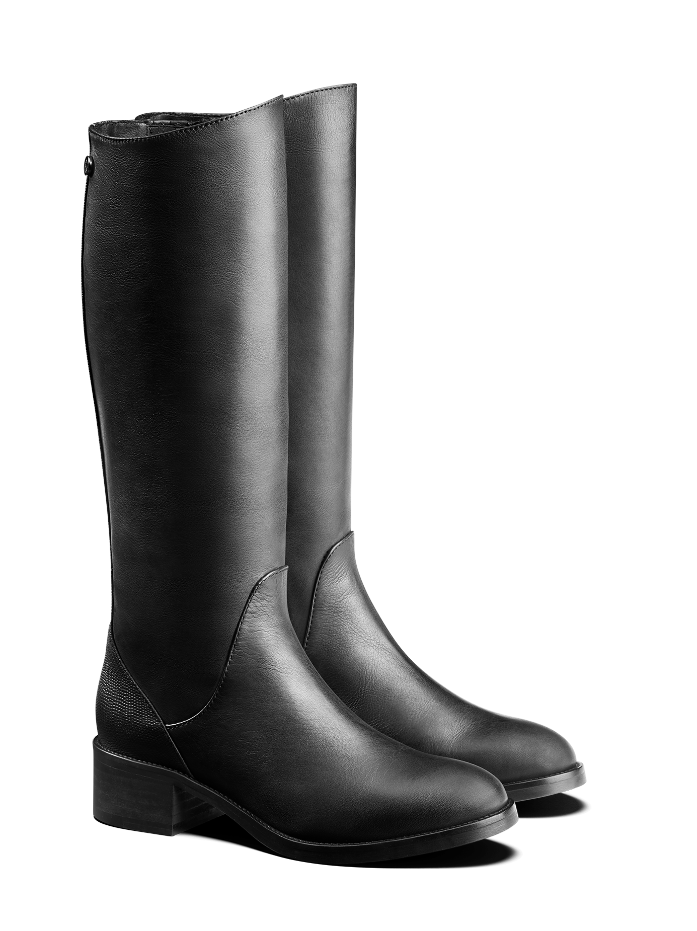 Kestrel in black leather, a riding-style boot with an asymmetric topline.