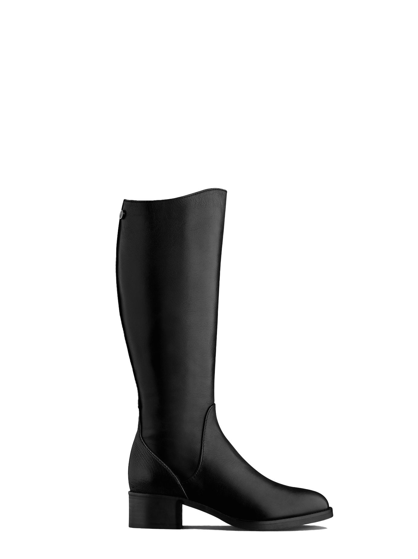 Kestrel; black leather riding-style boots with a textured back panel.