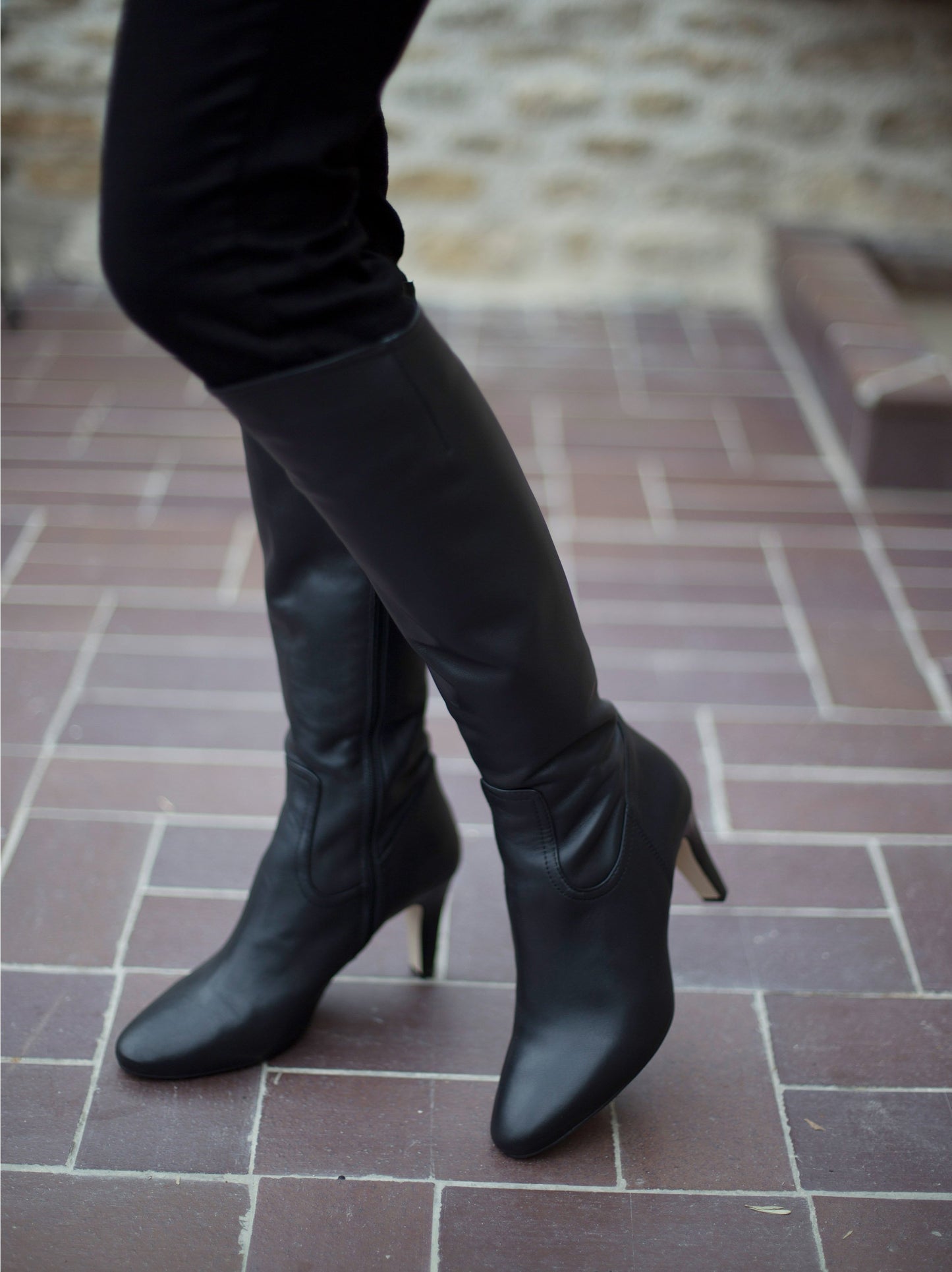 Luxor, a versatile and timeless high heeled, knee high black leather boot.