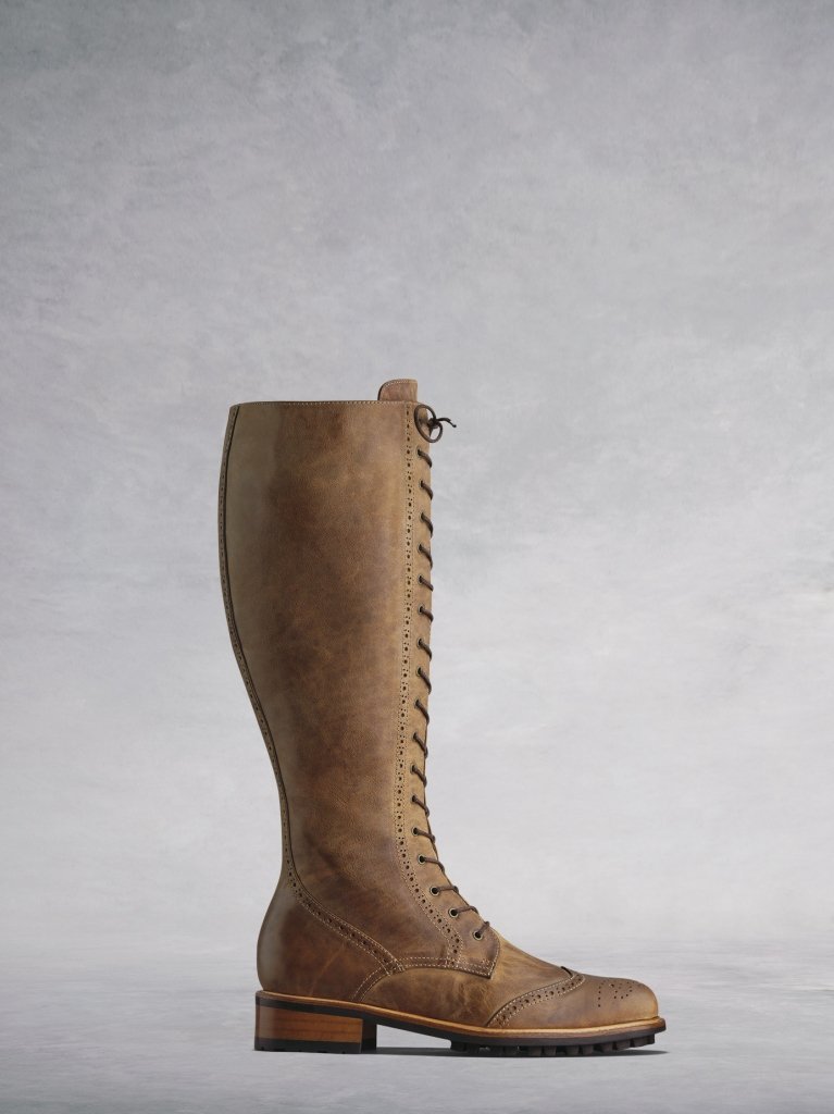 The Marvel; brogue inspired lace-up knee high boots in tan calf leather.