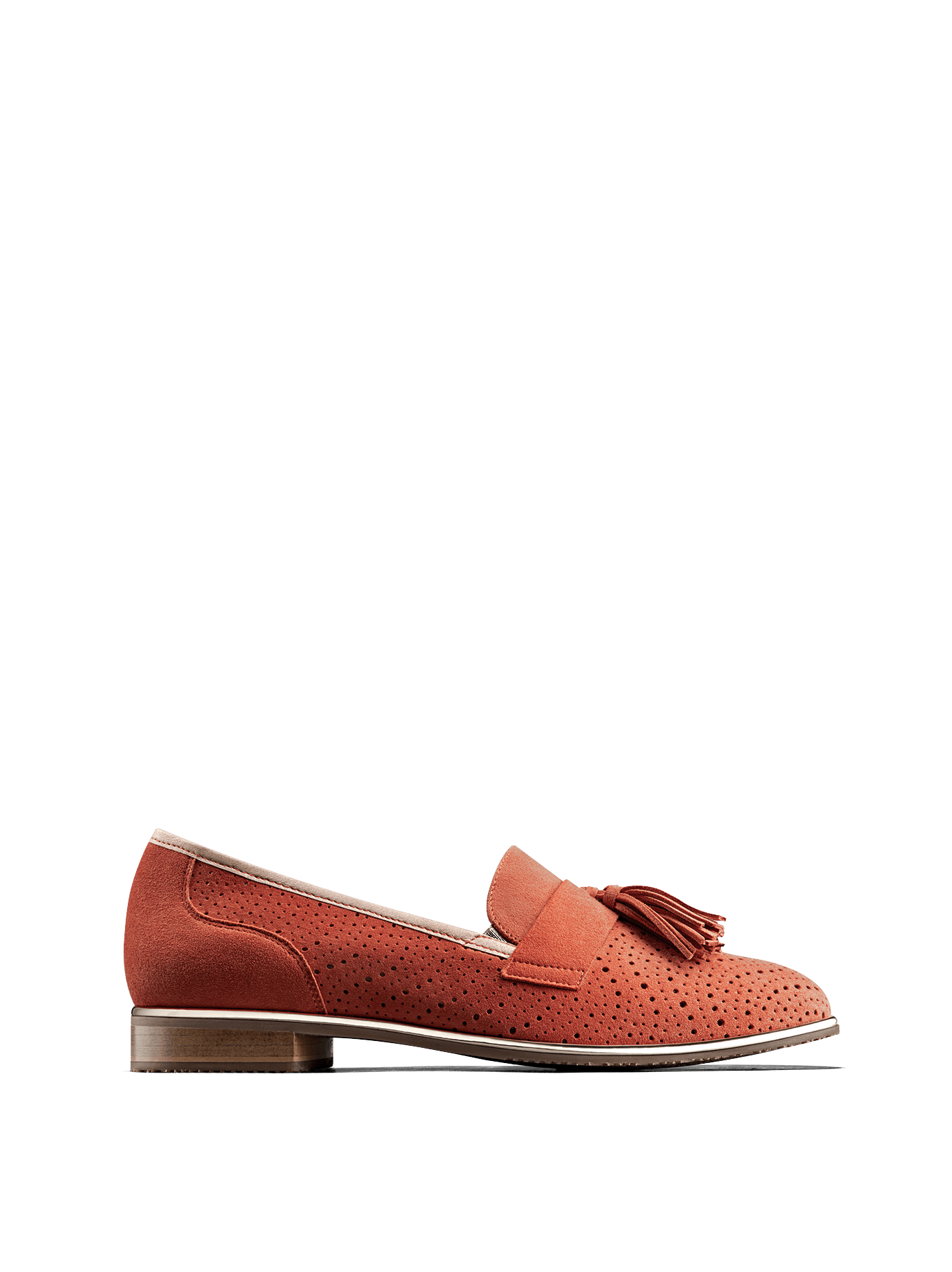 Milford, a statement loafer in coral orange suede with perforated detailing.