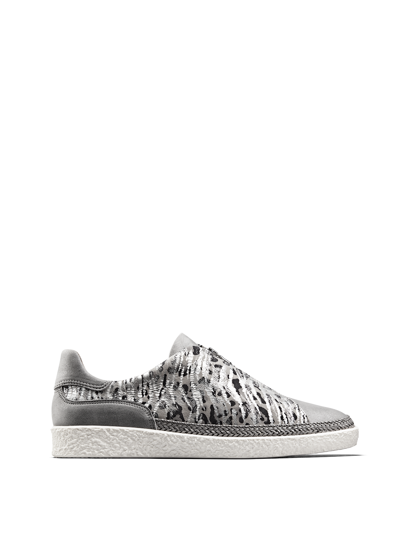 Ryde, a statement silver trainer with on-trend safari and metallic details.