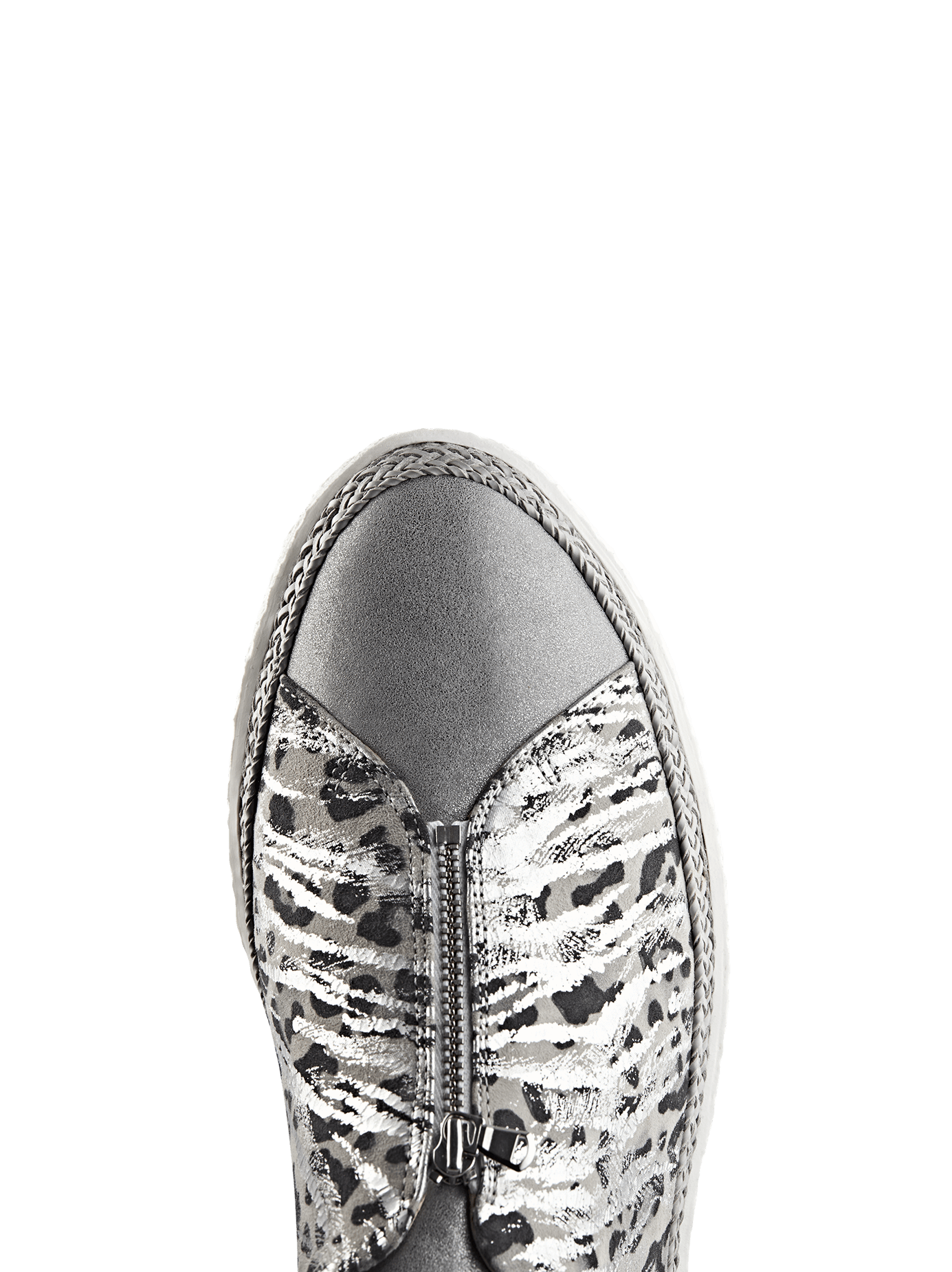 Ryde, a stylish silver trainer with a central zip and a metallic safari design.