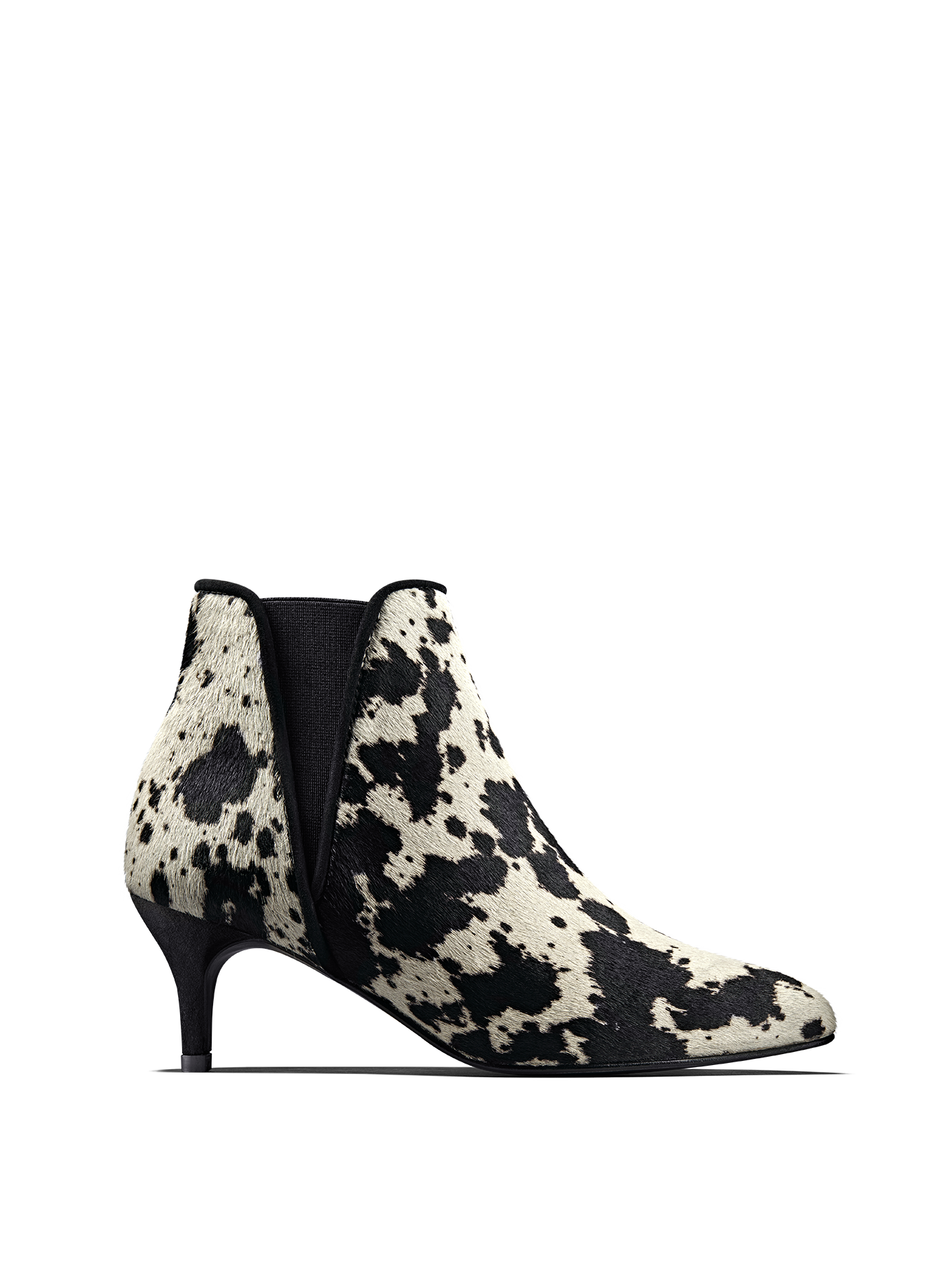 Somerton, our kitten heel Chelsea boot in eye-catching cow print hair leather.