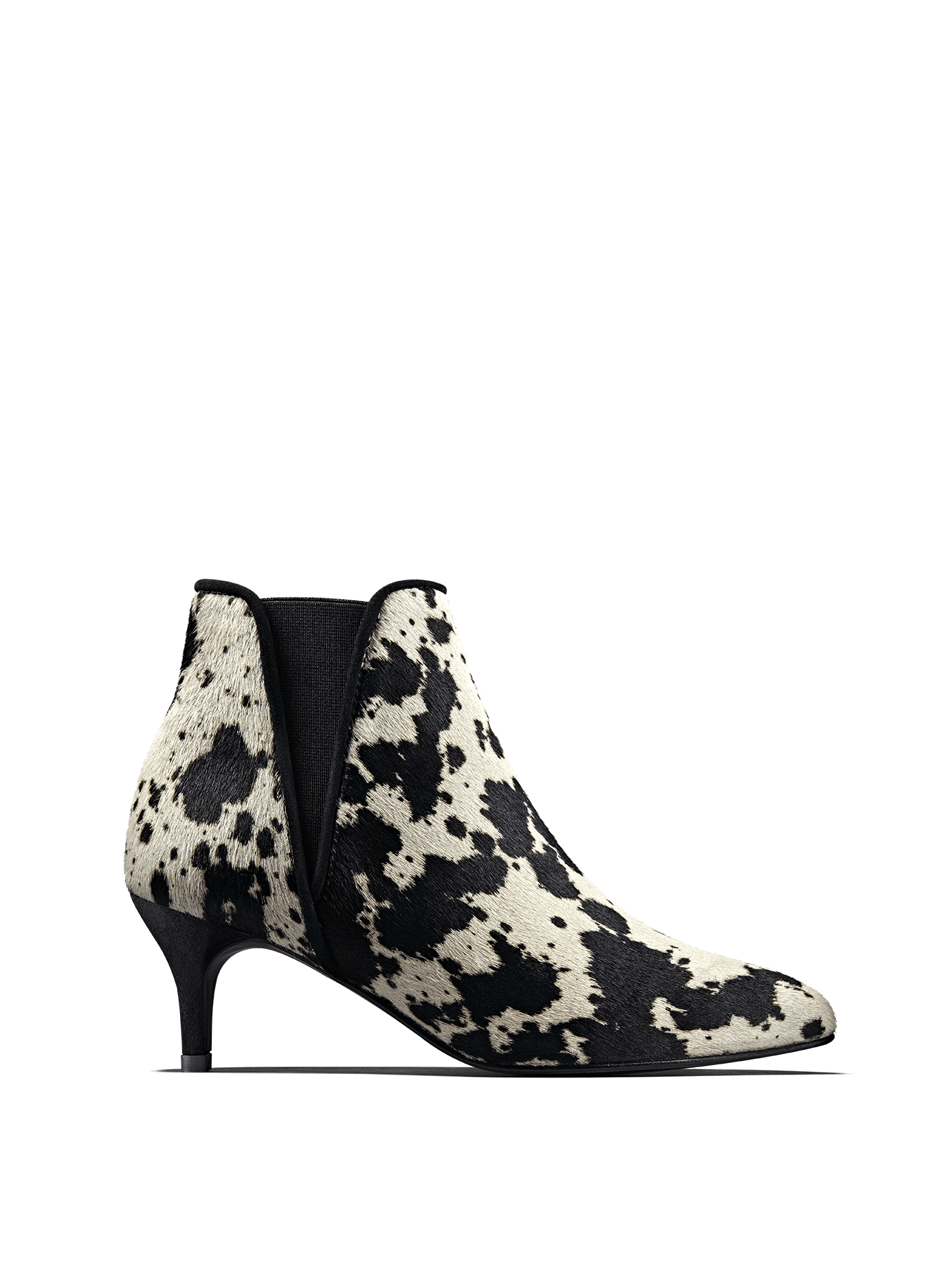 Somerton, our kitten heel Chelsea boot in eye-catching cow print hair leather.