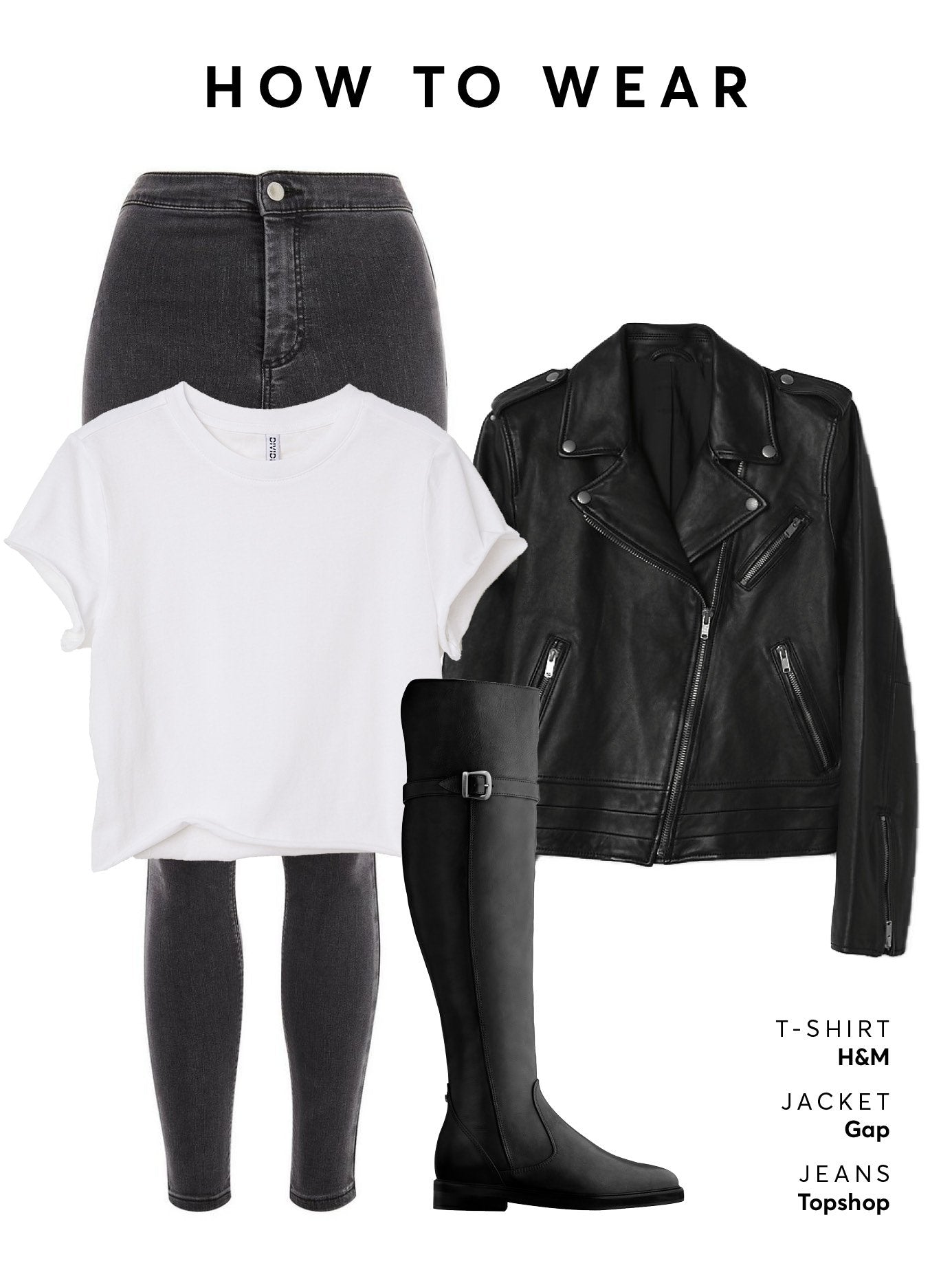 Wear with grey jeans a white t-shirt and leather jacket for biker style.
