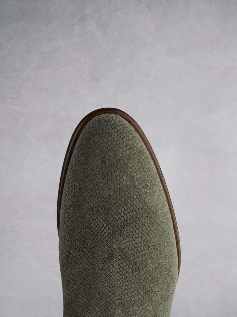 Albus khaki lizard embossed suede is very versatile and has an almond shaped toe. 