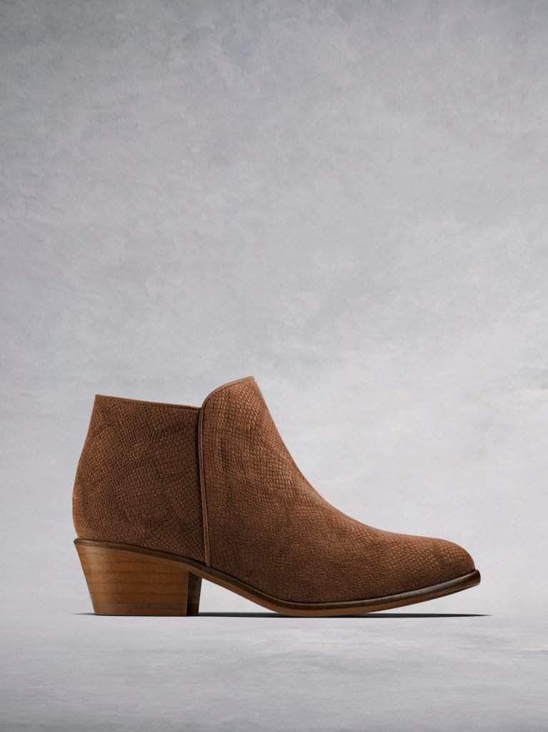 Albus, the simple yet stylish low cut lizard embossed tan suede ankle boot.