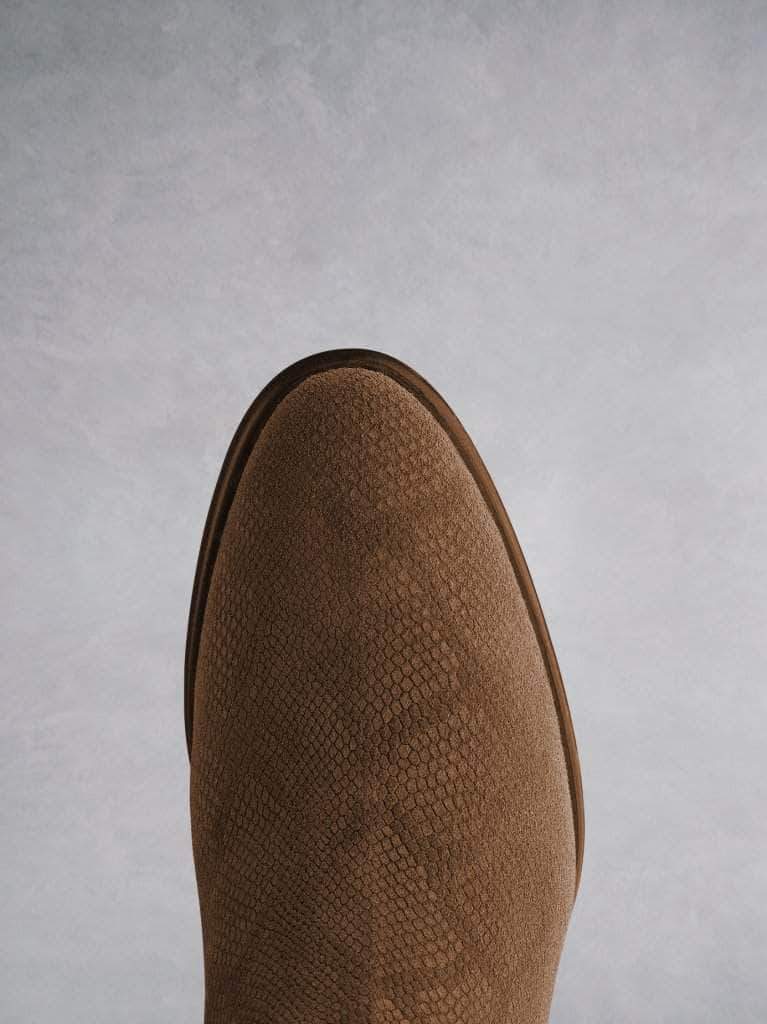 Albus lizard embossed tan suede is very versatile and has an almond toe. 