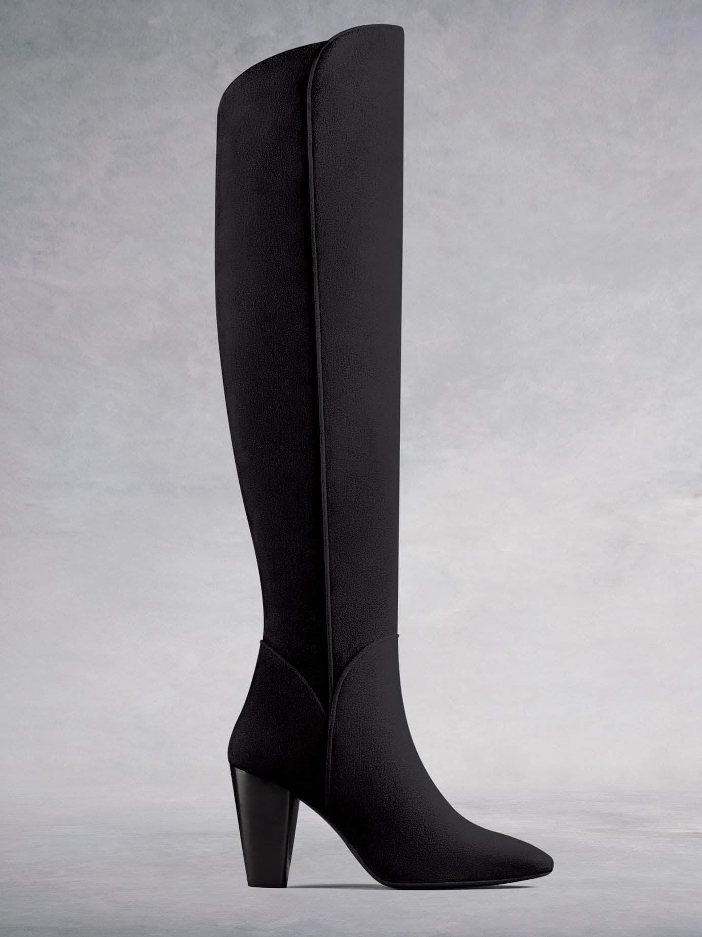 Amery, our statement over the knee high heeled boot in soft black kid suede. Available in a wide range of calf sizes.