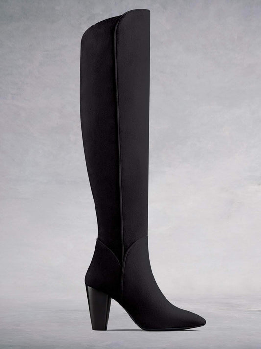 Amery, our statement over the knee high heeled boot in soft black kid suede. Available in a wide range of calf sizes.