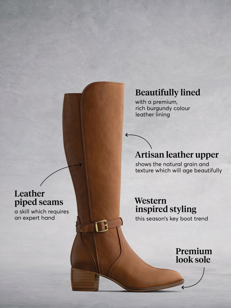 The tan leather boot has a complementary light brown premium sole. 