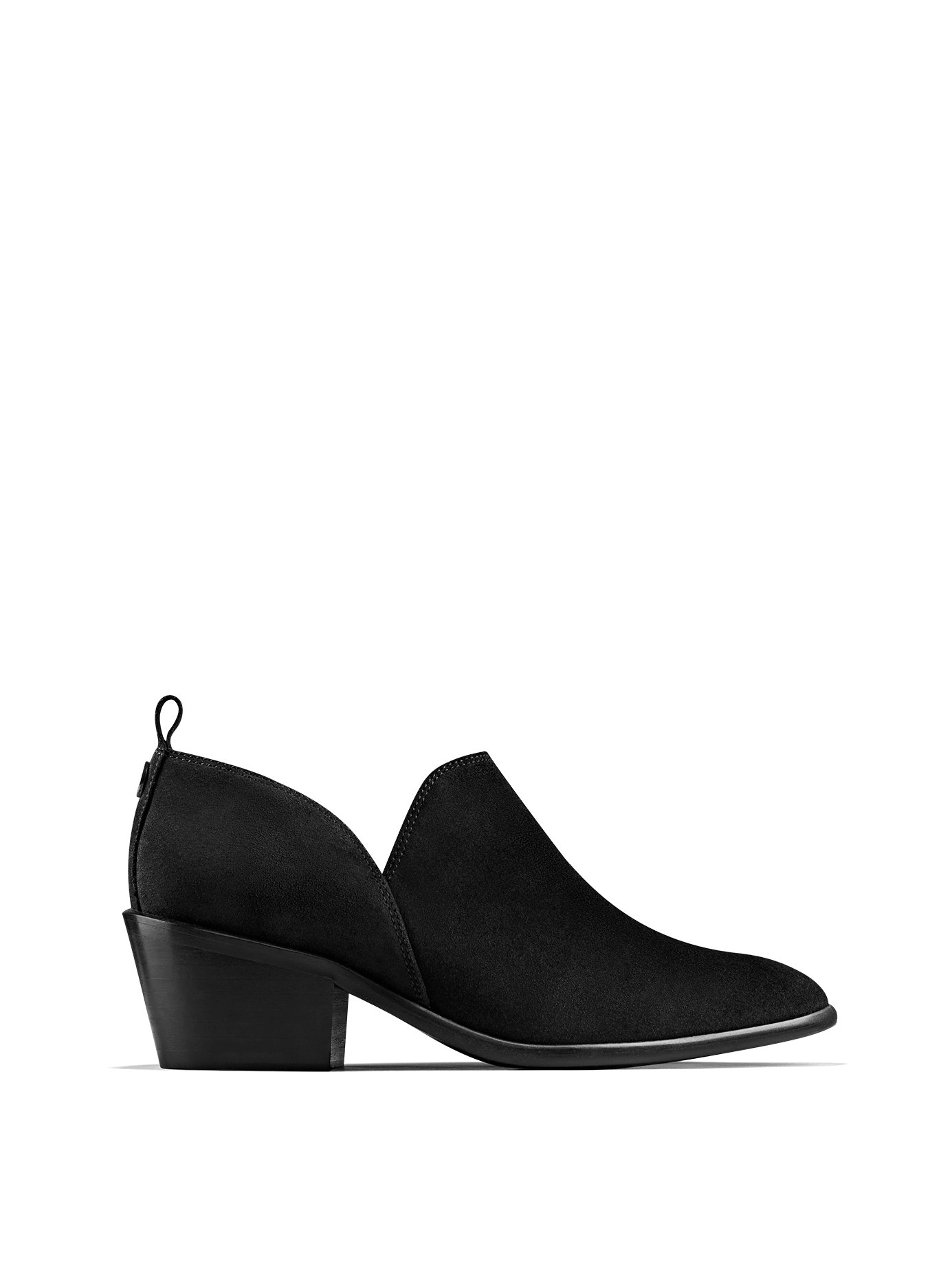 Avalon, a stylish shoe bootie slip on, in soft black suede.