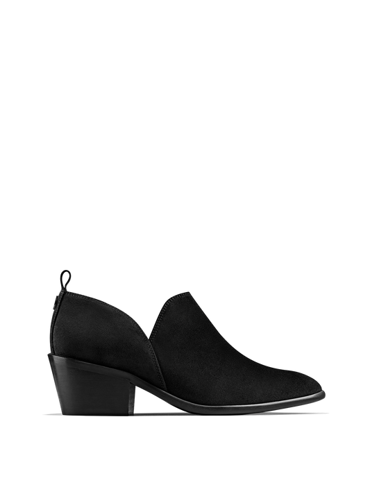 Avalon, a stylish shoe bootie slip on, in soft black suede.