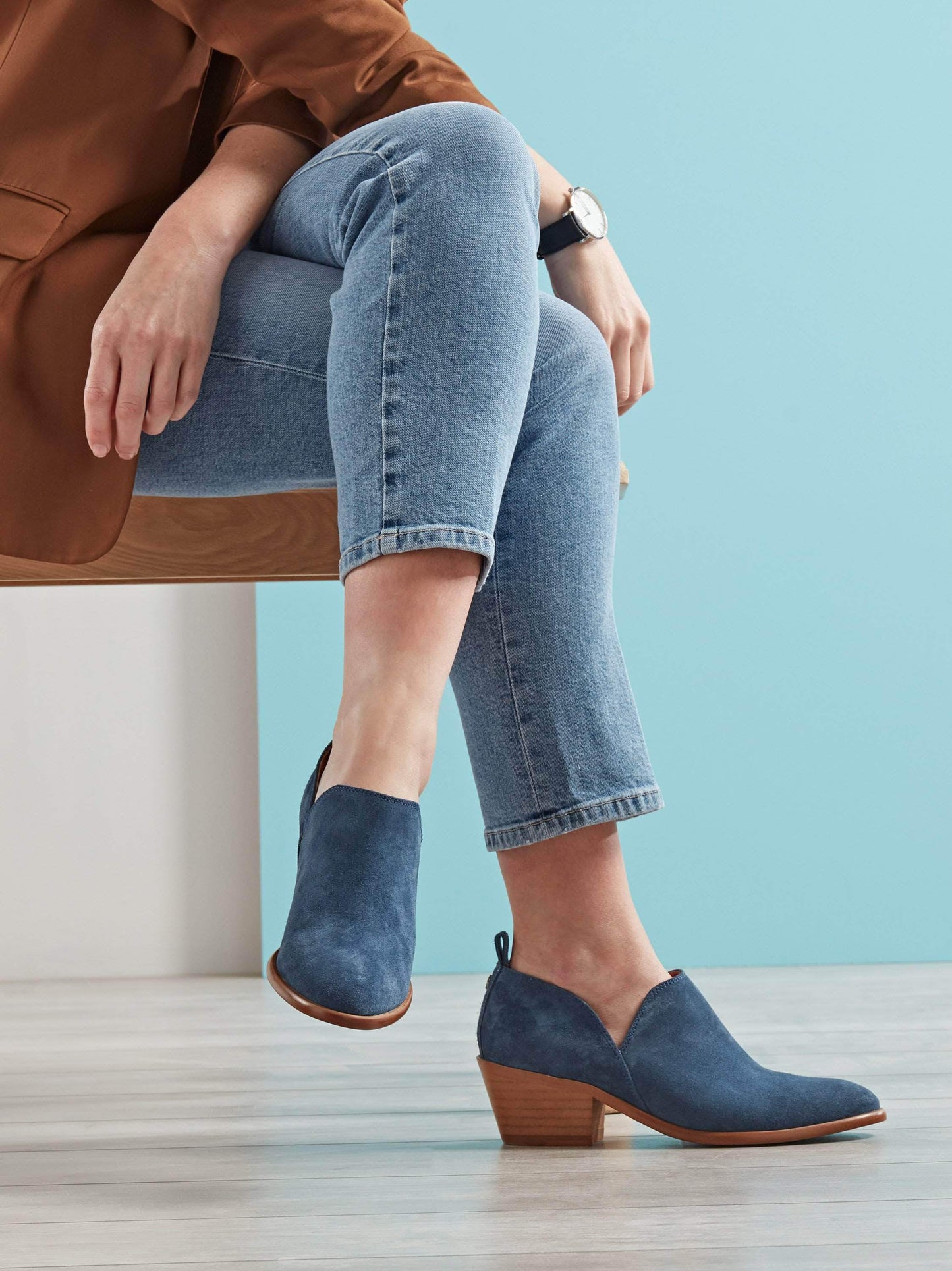 Avalon, an easy to wear shoe bootie in blue, with a comfy mid-height block heel. 