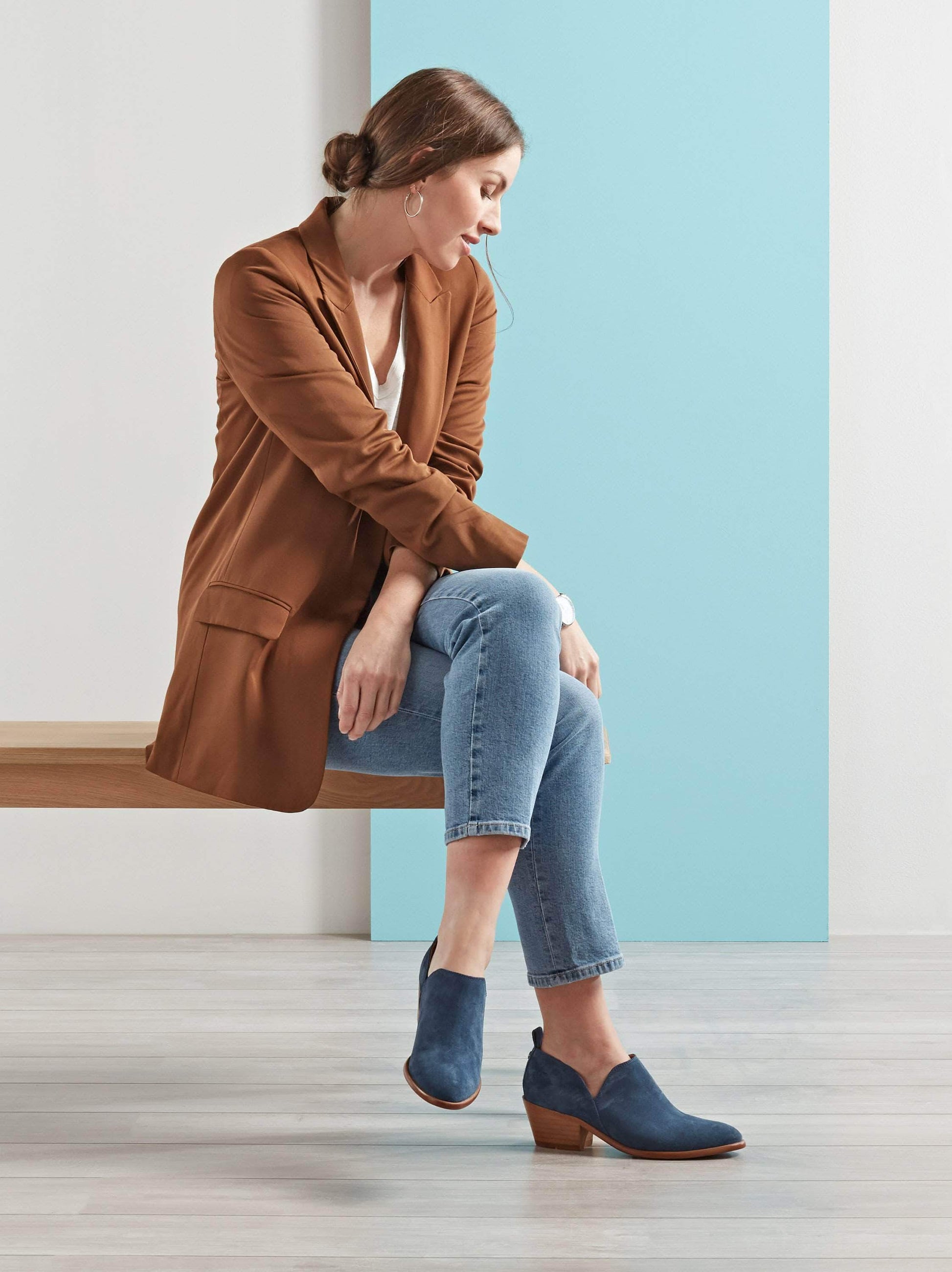 Avalon, our jeans blue suede shoe bootie is perfect for stylish workwear.