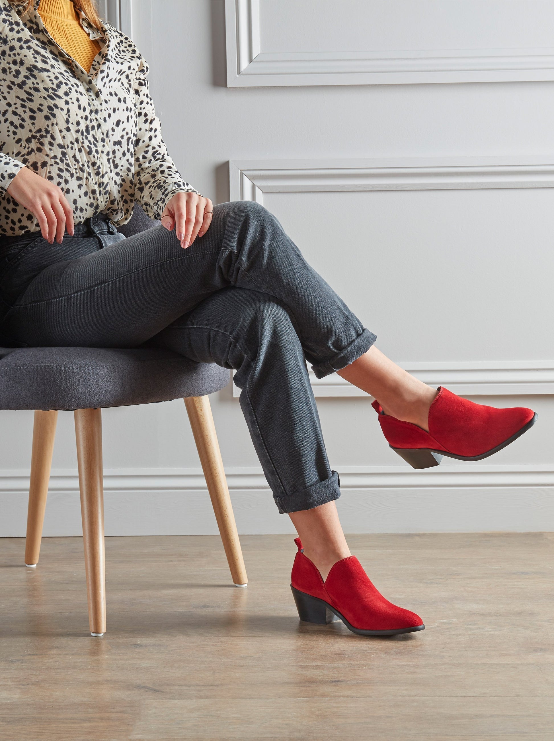 Avalon, an easy to wear shoe bootie in red, with a comfy mid-height block heel.
