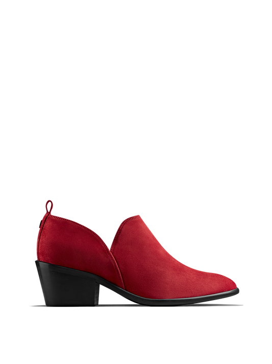 Avalon, a stylish shoe bootie slip on, in soft red suede.
