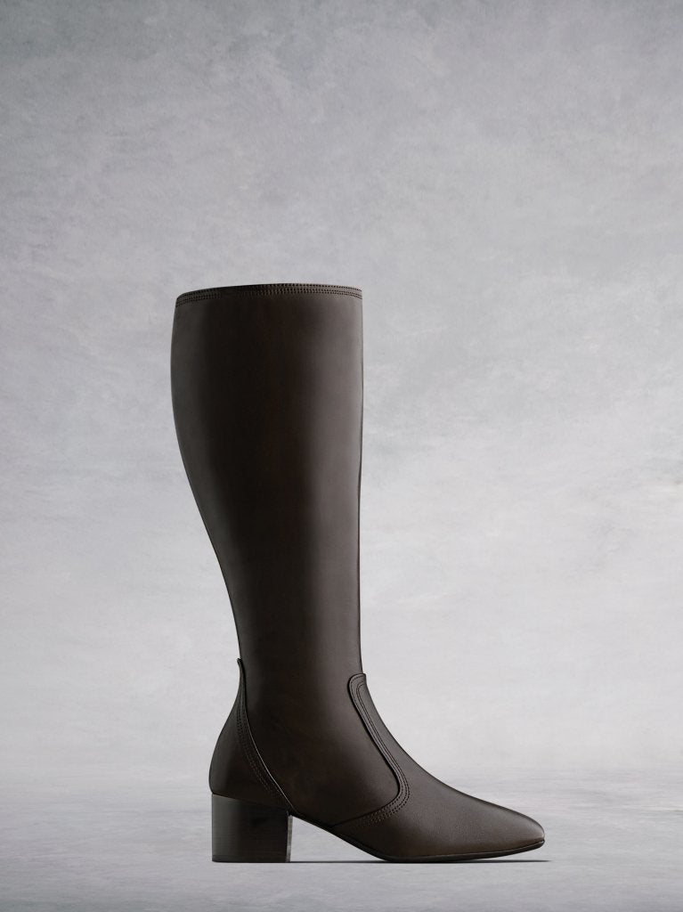 The Aversley - our chic brown leather knee high boot with square toe. 