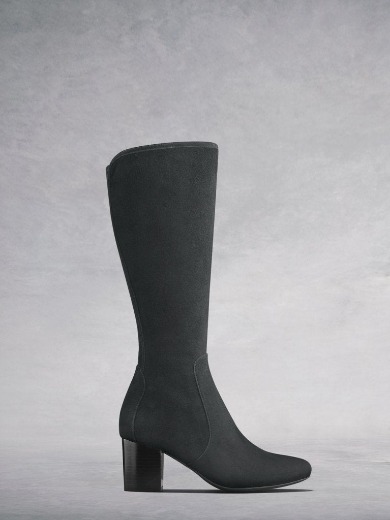 The Avocet, a knee high grey soft suede boot with a block heel.