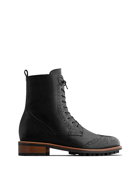 Balla, our brogue inspired black leather lace up ankle boot.