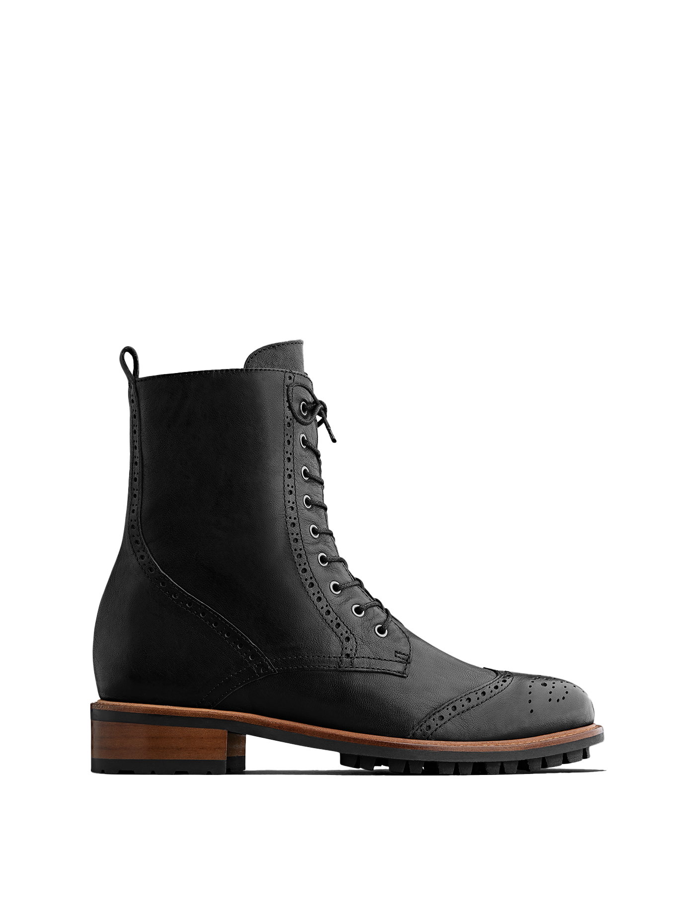 Balla, our brogue inspired black leather lace up ankle boot.