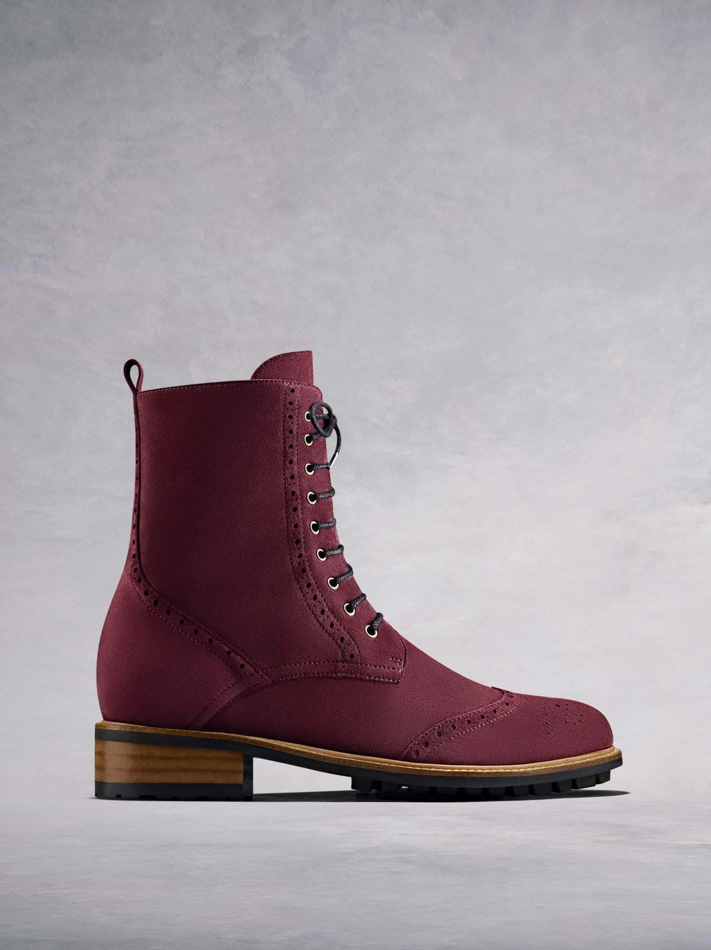 Balla, our brogue inspired burgundy suede lace up ankle boot. 