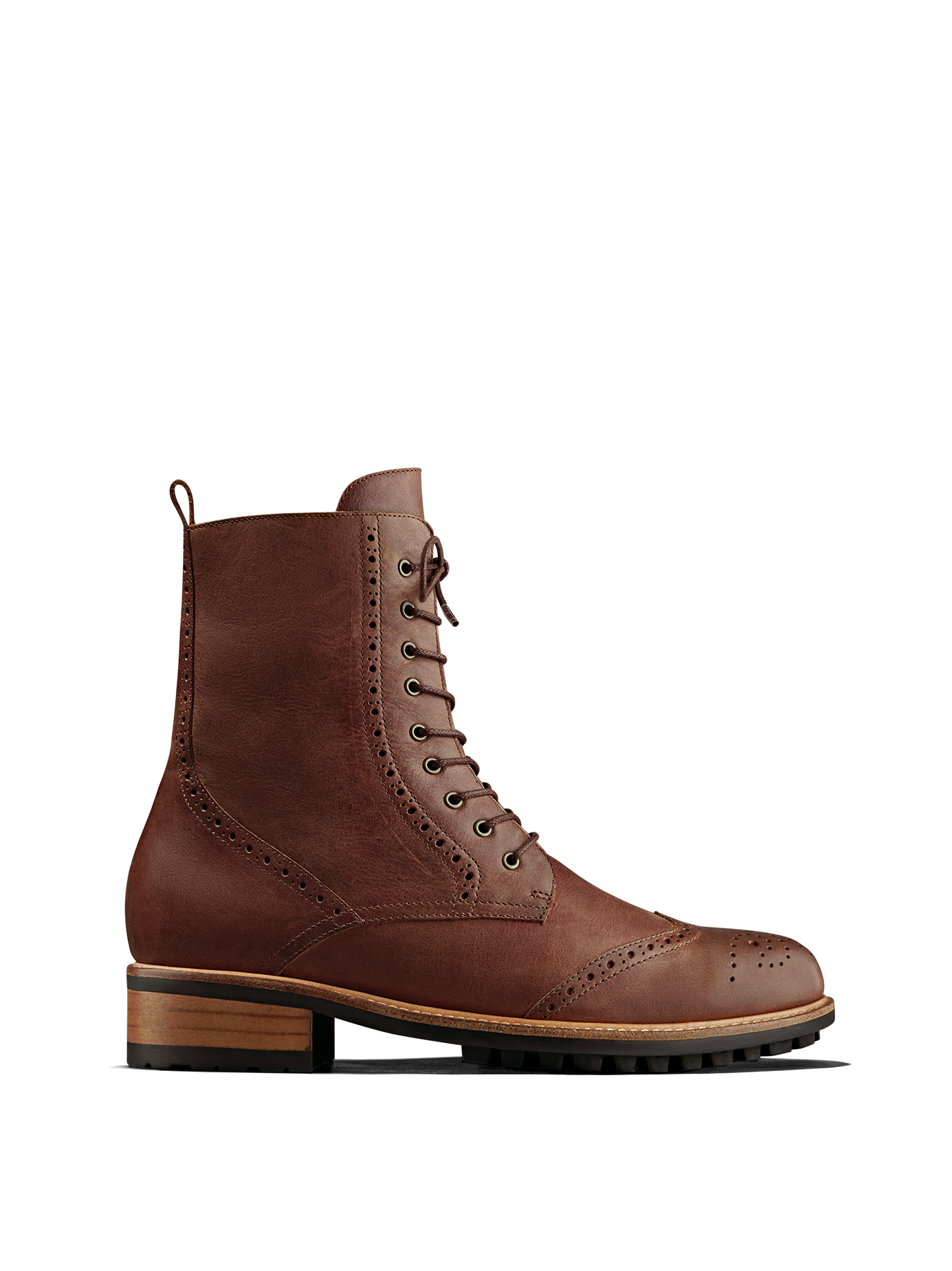 Balla, our brogue inspired chestnut leather lace up ankle boot. 
