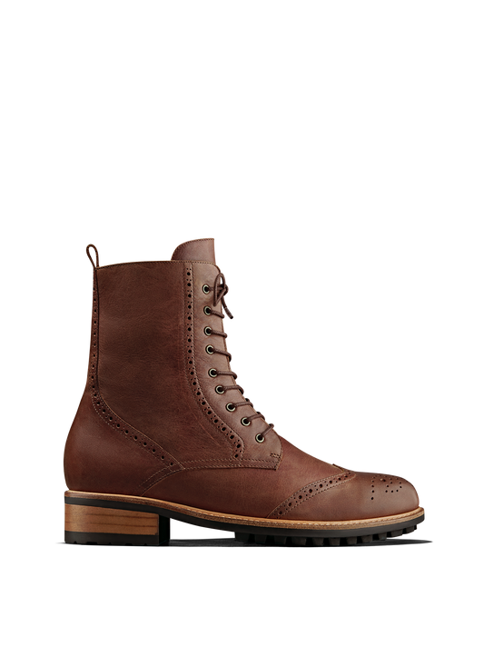 Balla, our brogue inspired chestnut leather lace up ankle boot. 