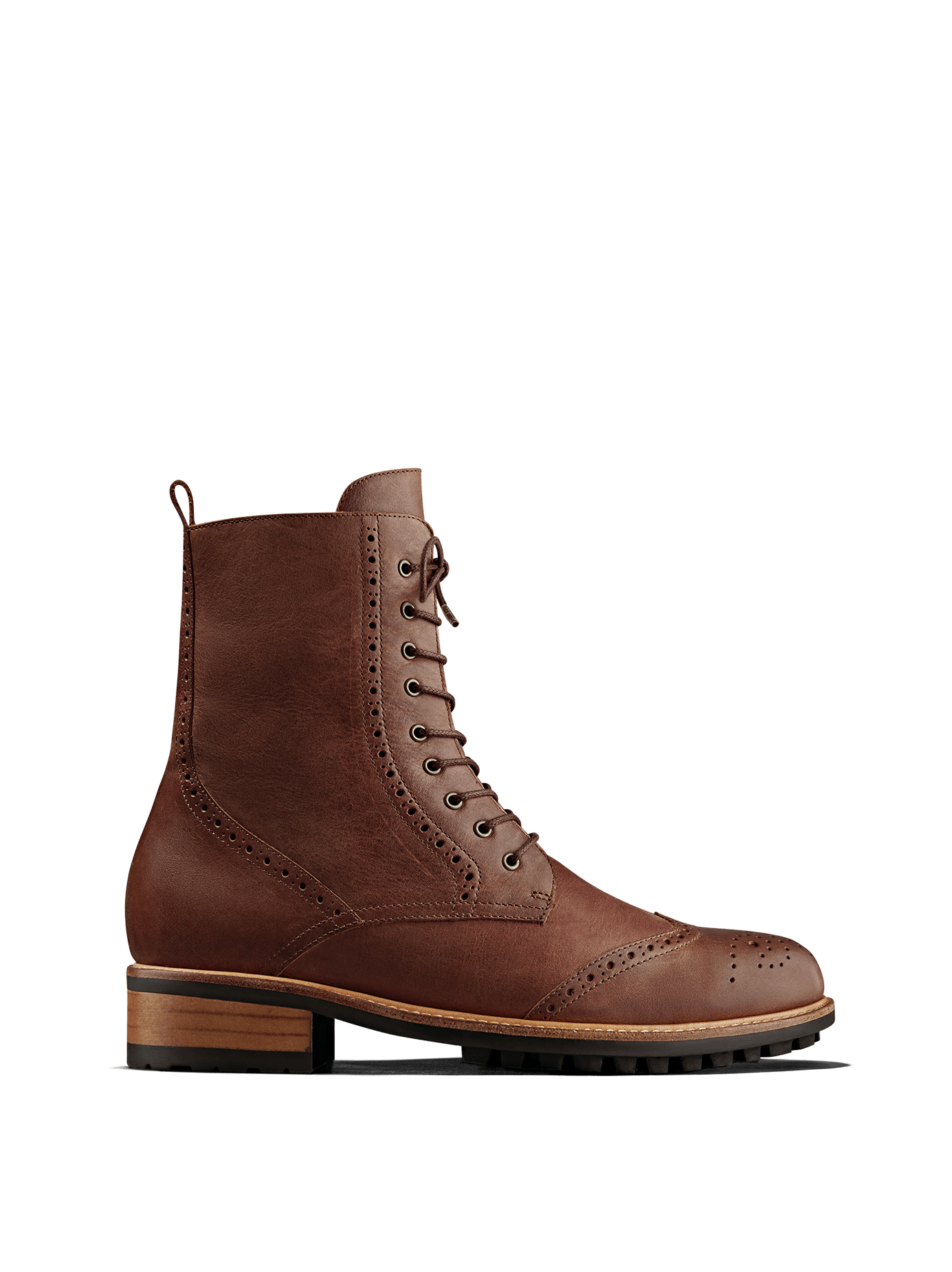 Balla, our brogue inspired chestnut leather lace up ankle boot. 