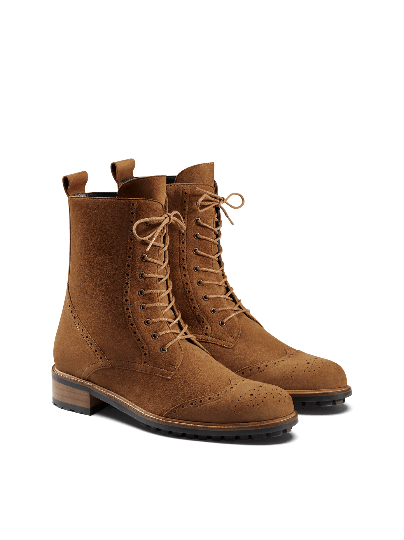 Balla in tan suede, our lace up brogue inspired ankle boot with a tread sole.
