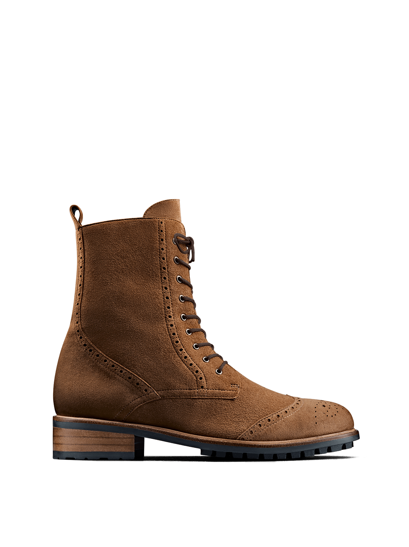 Balla, our brogue inspired lace up ankle boot in tan cinnamon suede.