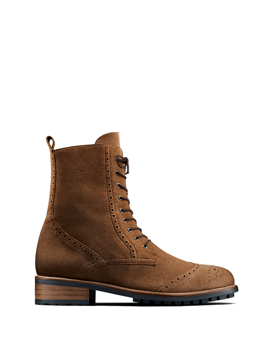 Balla, our brogue inspired lace up ankle boot in tan cinnamon suede.