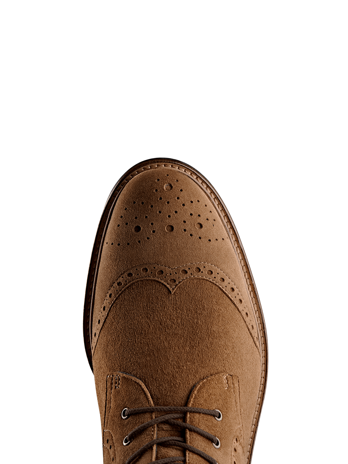 Balla in tan suede has beautiful brogue detailing over its round toe.