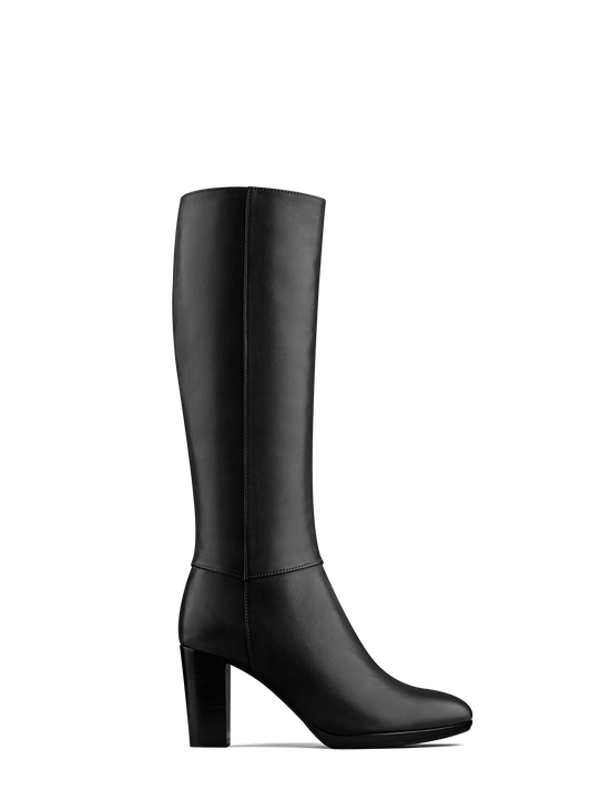 Belmore is our chic sophisticated black leather platform knee high boot.