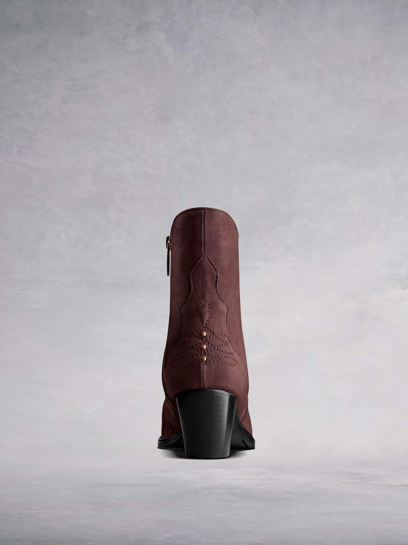 Bexley has a contrast black heel against the burgundy nubuck leather.