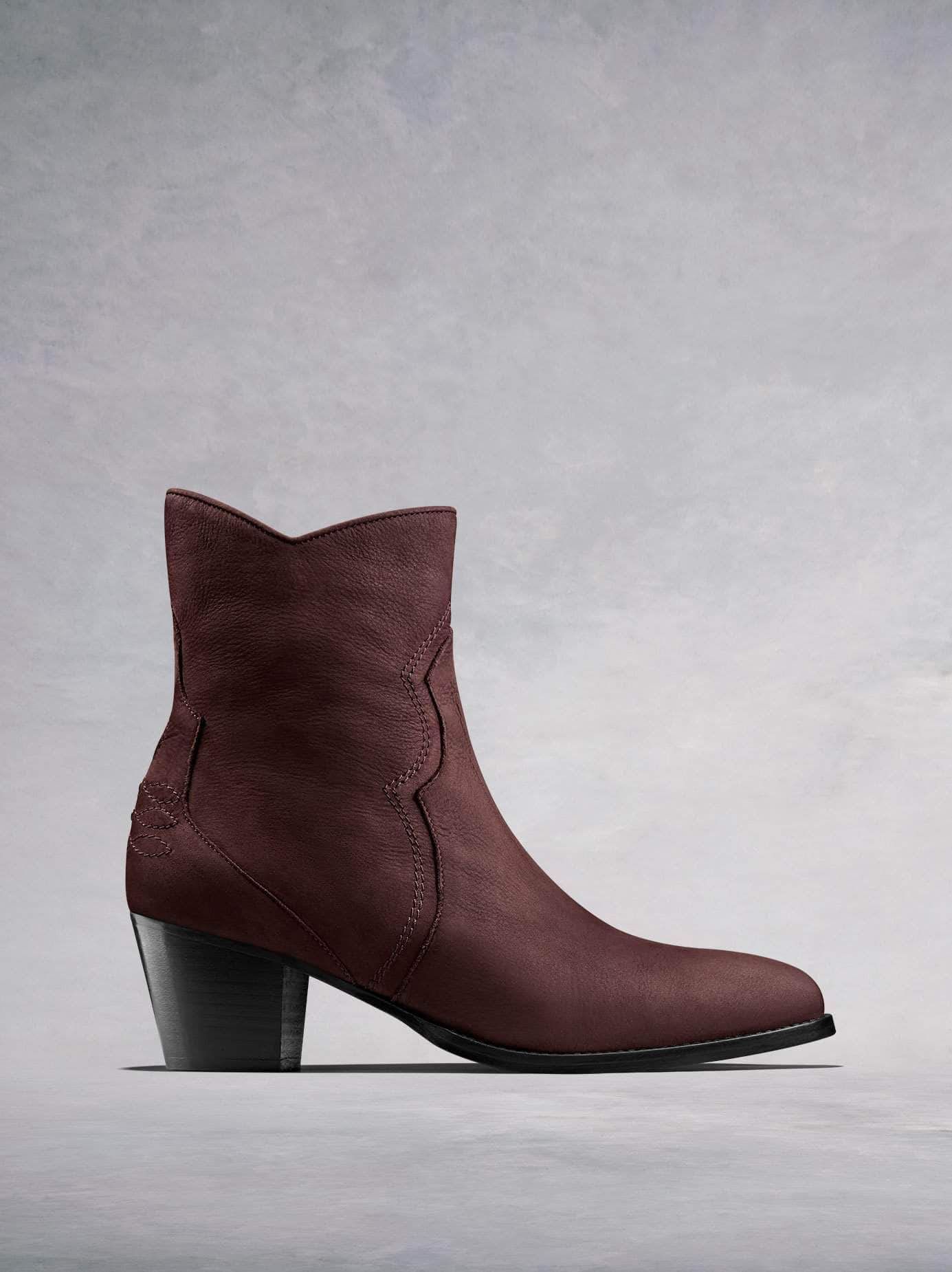 Channel the western trend with our Bexley burgundy nubuck leather ankle boot. Available in our standard or wide fit.