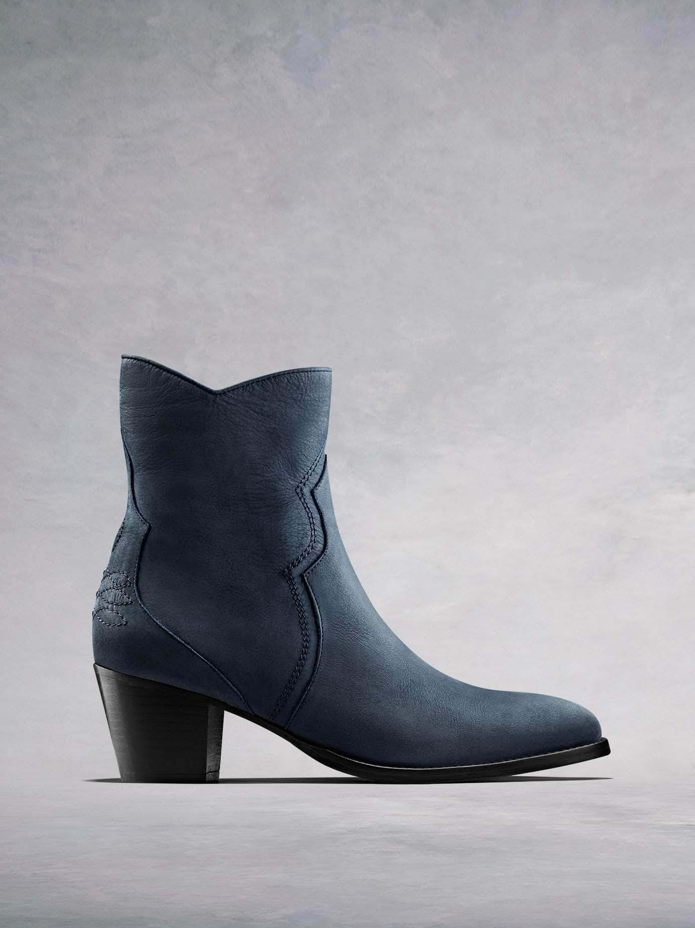 Channel the Western trend with our Bexley petrol blue nubuck leather ankle boot. Available in our standard or wide fit.