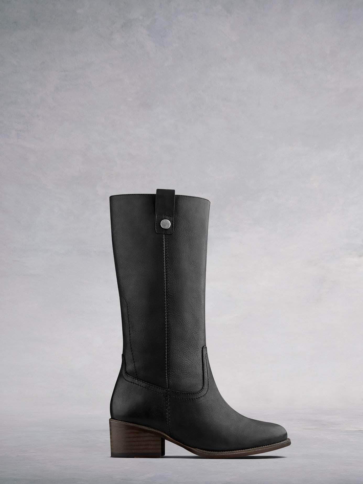 Brampton, our casual black leather mid-calf boot, inspired by the Western boot trend. Available in a wide range of calf sizes.