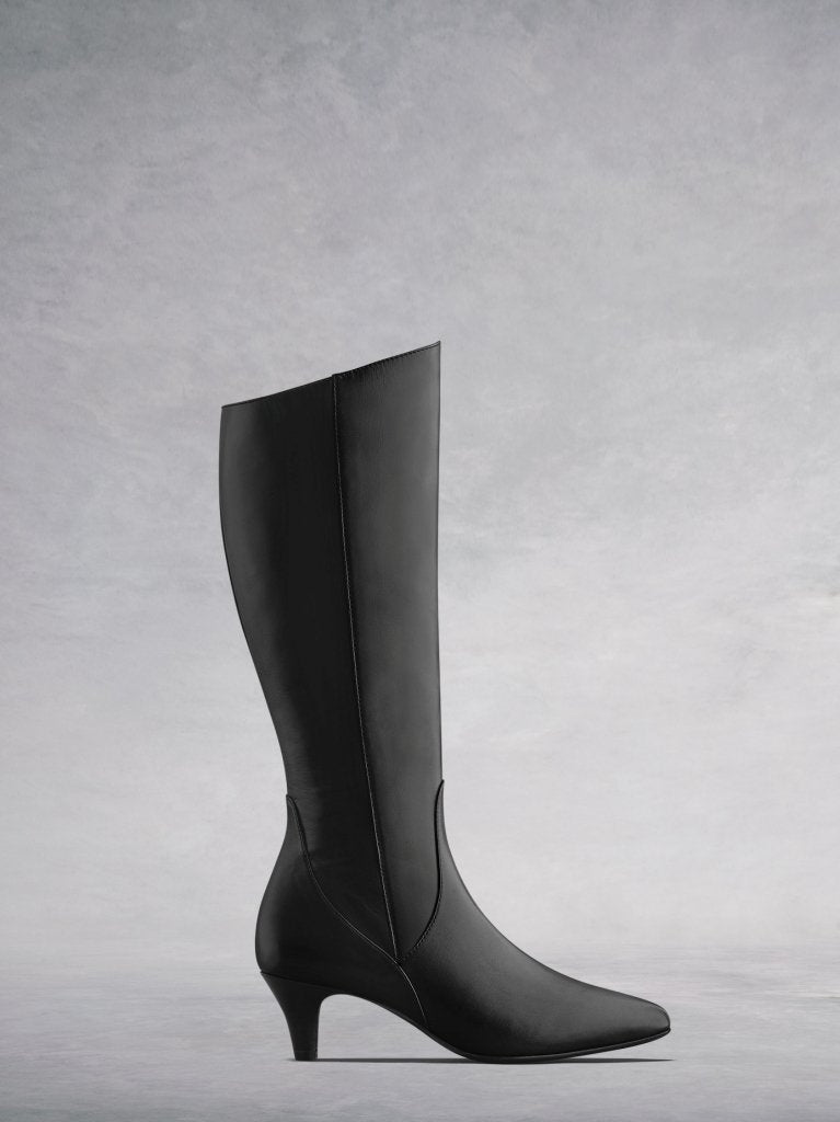 The Breedon, a silhouette enhancing black leather knee high boot.