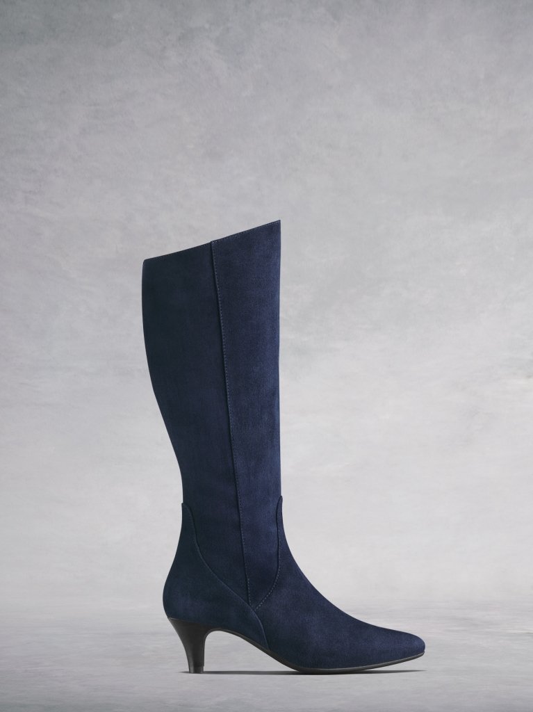 The Breedon, a silhouette enhancing navy suede knee high boot.