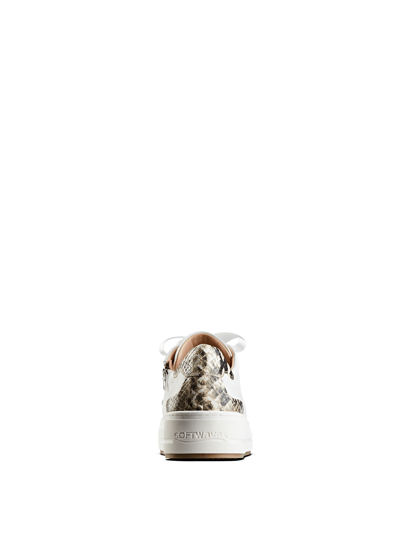 Churston, a trend-led flatform white trainer with a snake printed leather heel.