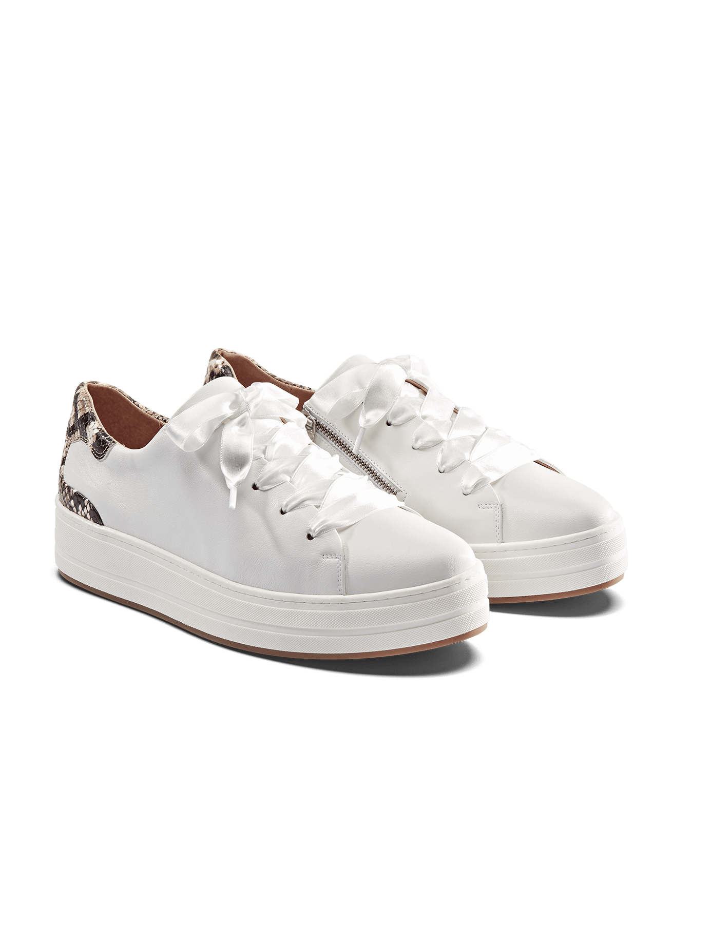 Churston, a white flatform trainer with a snake print heel and cushioned insole.