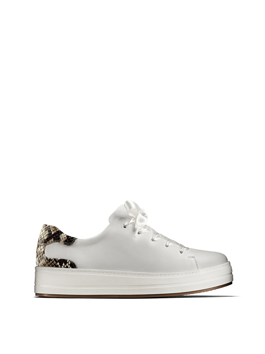 Churston, a white flatform trainer with a snake print heel and choice of laces.