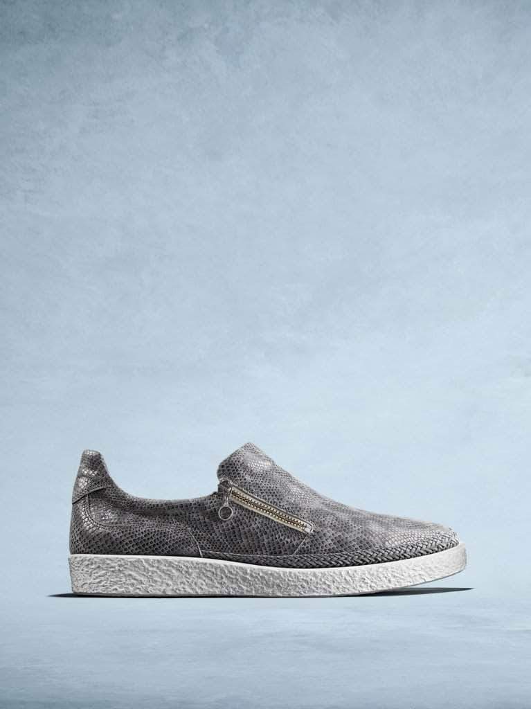 Crantock is our go-to slip on trainer in silver snake embossed leather.