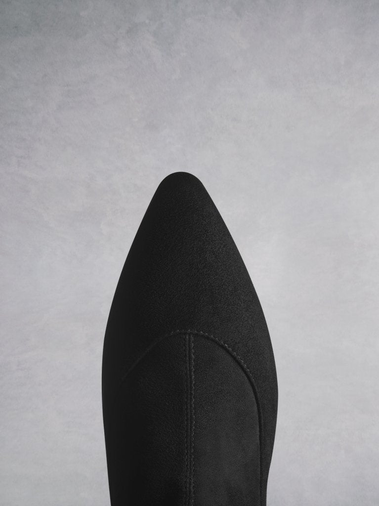 Dalby Black Suede; the elegant pointed toe shape complements the low narrow heel.